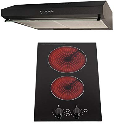 SIA 30cm Black 2 Zone Electric Domino Ceramic Hob & 50cm Visor Cooker Hood Fan