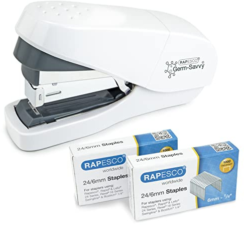 Rapesco 1689 ECO Less Effort Flat Clinch Stapler with 2000 Type 24/6mm Staples, 35 Sheet Capacity, White
