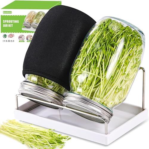 Boombamo Premium Sprouting Jar Kit 2Pcs Large Wide Mouth Mason Jars With Screen Sprout Lid,Sprouting Jar Stand,Tray,Blackout Sleeves,-Seed Sprouting Kit For Growing Mung beans,Broccoli