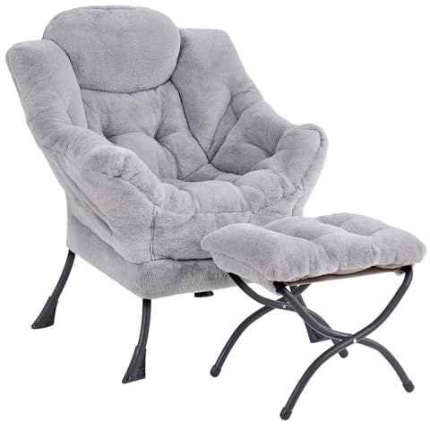 SESHINELL Armchair with Ottoman, Comfy Upholstered Lounge Reading Chair with Side Pocket and Armrests, Modern Bedroom Lazy Chair and Footstool Set for Living Room, Plush Grey