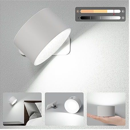 Aourow LED Wandleuchte Batteriebetriebene,Wiederaufladbare Innenwandleuchte mit USB-Ladeanschluss,Touch-Steuerung,3 Farbmodi und 3 Helligkeitsstufen,Kabellose Wandlampe für Schlafzimmer-Lesen,1 Stück