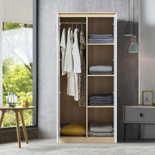 [en.casa] Kleiderschrank Bastheim Schrank mit 2 Türen Garderobenschrank 176 x 80 x 52 cm Schlafzimmerschrank mit 1 Kleiderstange und 4 Fächern Eicheoptik/Weiß