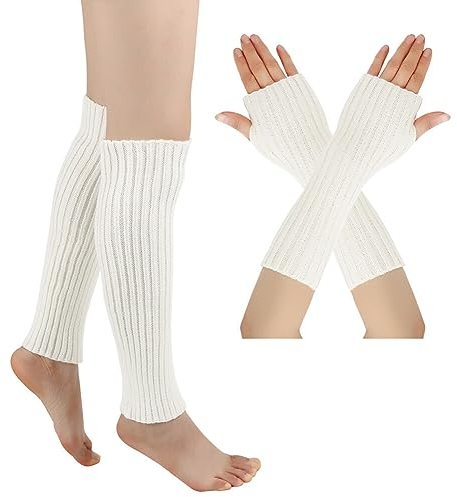 Beinstulpen und Lange Armstulpen Set Baumwolle Strick Beinwärmer Fingerlose Handschuhe Winter Arm Handwärmer Legwarmer Bein und Arm Stulpen für Yoga-Tanzen Turnhalle Ausübt Halten Warm