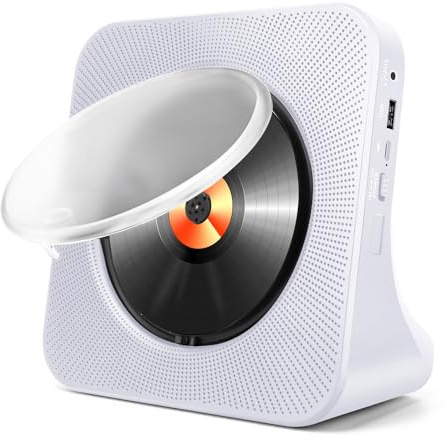 HoneTeek Bärbar CD-Spelare med Bluetooth, HoneTeek Stationära CD-Spelare för Hem med HiFi-Högtalare, CD-Musikspelare med Fjärrkontroll, Dammskydd och Timer, FM-Radioboombox, USB och AUX, LED-Skärm (Vit)