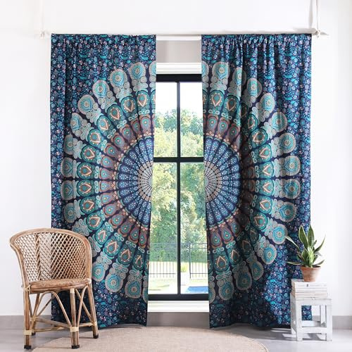 Popular Handicrafts Blue Hippie Mandala Curtains 100 Inch Length for Living Room Bedroom 2 Panels Set Light Filtering Semi Sheer Window Curtains 84 Inch Width Boho Farmhouse Drapes W84xL100 Turquoise
