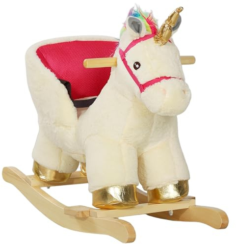 Qaba Kids Rocking Horse, Ride on Unicorn with Realistic Sounds, Safety Belt & Wooden Base, Plush Animal Rocker for Toddlers 18-36 Months, Cream White