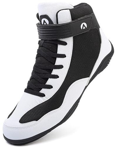 DimaiGlobal Men's Wrestling Shoe Fitness Sneaker Boxing Shoes Zero Drop Sole High Top Fighting Shoes Taekwondo Karate Martial Arts Training Shoes Black/White