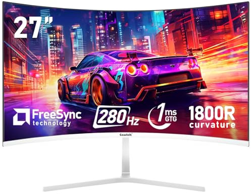 Gawfolk 27 Inch PC computer screen,1800R Curved Gaming 280Hz Monitors, FHD1080p 1ms without Bezel, freesync, 98%sRGB,178 ° Angle View HDMI DisplayPort, Compatible with Wall-Mounted VESA100*100MM-White