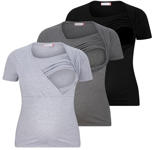 M.M.C. Set di 3 magliette da allattamento, tinta unita, per gravidanza, allattamento, maniche corte, nero, grigio scuro, grigio chiaro, XL