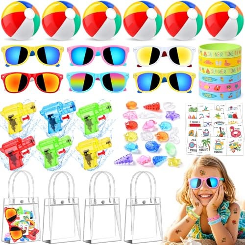 vamei 70Pcs Pool Strand Party Mitgebsel Kindergeburtstag Gastgeschenke Wasserspielzeug Kinder Outdoor Wasserpistolen Sonnenbrillen Wasserbälle Armbänder Transparente Geschenktaschen Sommer Geburtstag