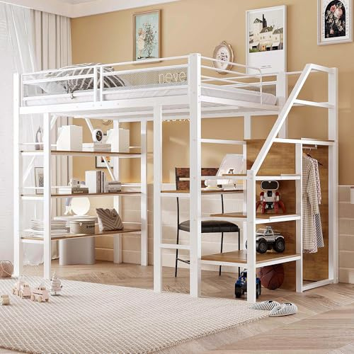Trdlpyn Letto a soppalco 140 x 200 cm in metallo, scaffale a tre livelli, scrivania, armadio, gradini di sicurezza con vano portaoggetti, design a recinto alto, letto in ferro singolo per adulti