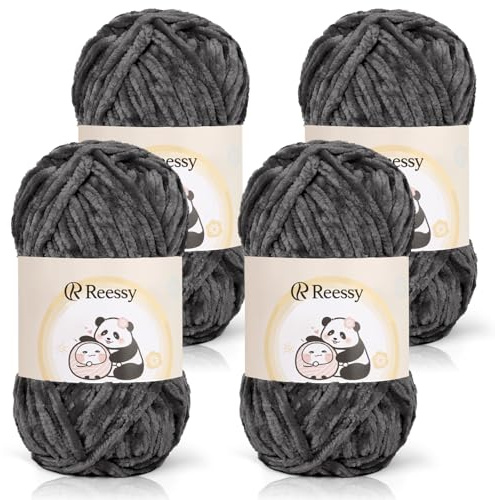 Reessy Chenille Yarn 400g, Super Soft Chunky Wool for Knitting-Deep Grey | Thick Velvet Chenille Wool for Knitting 100g balls, Chunky Crochet Yarn for Crochet Blanket, Amigurumi, Handbag, DIY Crafts