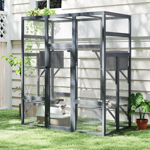 Furpal Catio para exterior para gatos, gran corral para gatos 159 x 82 x 178 cm, casa para gatos con puentes, paseos, pequeñas casas, cubierta de techo (gris oscuro)
