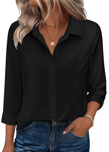 Zeagoo Button Down Shirt for Women Three Quarter Sleeve Blouse V Neck Black Tops Trendy Summer Outfit Business Casual Clothes