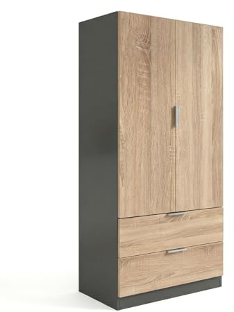 duehome | Armario de 2 Puertas y 2 cajones, Modelo Lark, Acabado en Color Gris Grafito y Roble Canadian, Medidas: 81 cm (Ancho) x 180 cm (Alto) x 52 cm (Fondo)