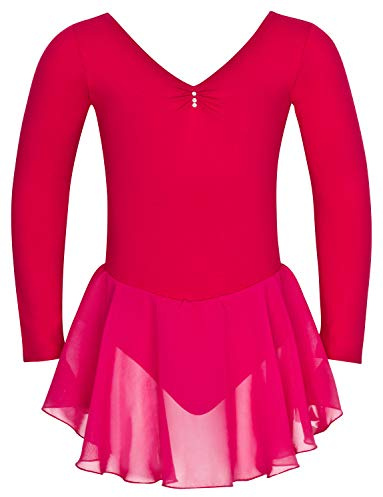 tanzmuster ® Ballettkleid Mädchen Langarm - Anna - aus weichem Baumwollstoff mit Glitzersteinen und Chiffon Röckchen fürs Kinder Ballett Ballettbodyin pink, Größe:116/122