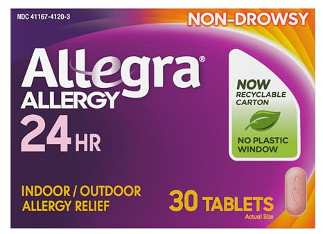 Allegra Adult 24-Hour Allergy Relief Tablets, Non-Drowsy Indoor and Outdoor Allergy Medicine, 180 mg Fexofenadine HCI Antihistamine Pill, 30-Count