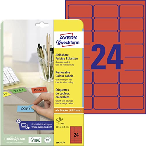 AVERY - Pochette de 480 étiquettes rouges autocollantes et amovibles, Personnalisables et imprimables, Format 63,5 x 33,9 mm, Impression laser/jet d'encre, (L6034-20)