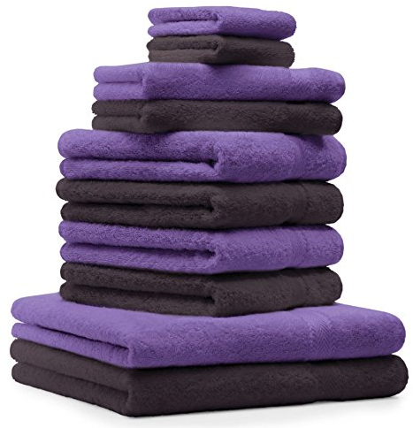 Betz 10-TLG. Handtuch-Set Premium 100% Baumwolle 2 Duschtücher 4 Handtücher 2 Gästetücher 2 Waschhandschuhe Farbe Dunkel Braun & Lila
