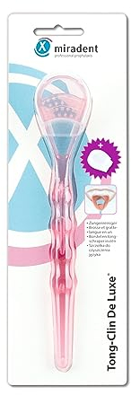 miradent Tong-Clin De Luxe Zungenreiniger pink transparent 1 Stück | zur sanften Beseitigung von Zungenbelägen und Mundgeruch | kurzes Borstenfeld | extra flach | konkav gebogene Schabfunktion