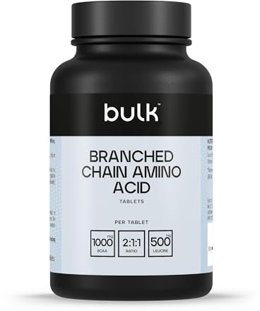 Bulk Aminoácidos Ramificados en Comprimidos de 1000 mg BCAA , 5000 mg por ración, Suplemento de aminoácidos esenciales, proporción 2:1:1, Vitamina B6, 250 Tabletas, 50 Dosis