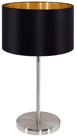 EGLO Tischlampe Maserlo, 1 flammige Textil Tischleuchte, Nachttischlampe aus Stahl und Stoff, Farbe: Nickel matt, schwarz, Gold, Fassung: E27, inkl. Schalter