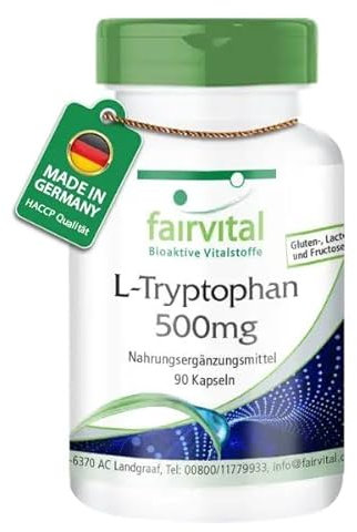 Fairvital | L-Tryptophan Kapseln 500mg - 90 Kapseln - HOCHDOSIERT - VEGAN - essentielle Aminosäure