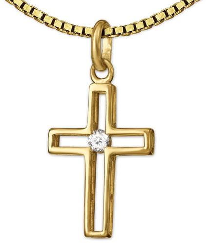 CLEVER smicka set gyllene berlock litet kors 16 x 9 mm inre öppen och strålformad diamant, glänsande 333 guld 8 karat med förgylld kedja Venezia 42 cm