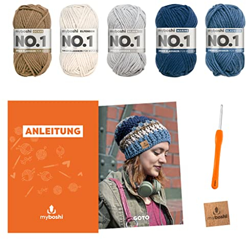 myboshi Häkelset Mütze Goto, inkl. No.1 Wolle, Nadel und Anleitung, für Mützen und Schals, Häkelpaket, 30% Merinowolle Blau mit Rundstricknadel