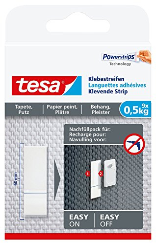 tesa Powerstrips Tapete&Putz - doppelseitige Klebestreifen für Tapete und Gips - Ersatz-Klebestreifen Klebenagel - Haltekraft 0,5 kg/Nagel - 1 x 9 Streifen
