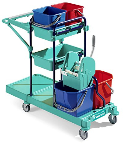 TTS 0B003150 Green 150 Carrello per la Pulizia, con Due Secchi da 15 Litri e Strizzatore, Due Secchi da 12 Litri e Due Vaschette Portaoggetti, Portasacco da 120 Litri