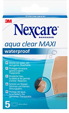 Nexcare Aqua Clear MAXI Waterproof Bandages, 5 Plasters per Pack, 60 mm x 88 mm, Waterproof, for Wounds and Minor Scratches, Plasters for First Aid Kits