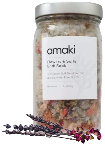 Amaki Herbal Bath Soak Blend of Epsom and Dead Sea Salt Infused with Lavender Essential Oil - for Stress Relief, Reduce Sore Muscle, Skin Soothing - Luxury Gift Set of 2, 8 Ounces Jars