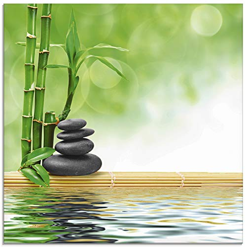 ARTland Wanddeko Glasbilder Wandbild Glas Bild einteilig 20x20 cm Quadratisch Asien Wellness Zen Spa Steine Bambus Entspannung Grün T5OP