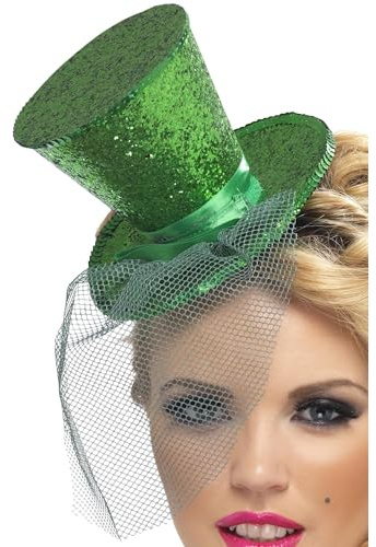 Smiffys Fever Kollektion, Mini-Zylinder auf Haarreifen, Grün, mit abnehmbarem Netz Halloween