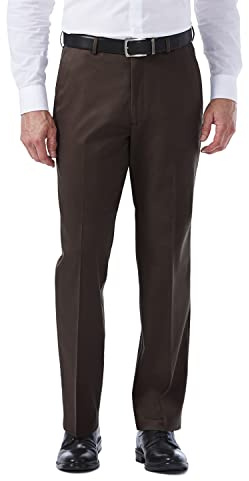 Haggar mens Premium No Iron Khaki Classic Fit Expandable Waist Flat Front Casual Pants, Chocolate, 38W x 29L US