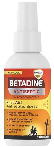 Betadine Antiseptic First Aid Spray, Povidone-iodine 5%, Infection Protection, Kills Germs In Minor Cuts Scrapes And Burns, No Sting Promise, No Alcohol or Hydrogen Peroxide, 3 FL OZ