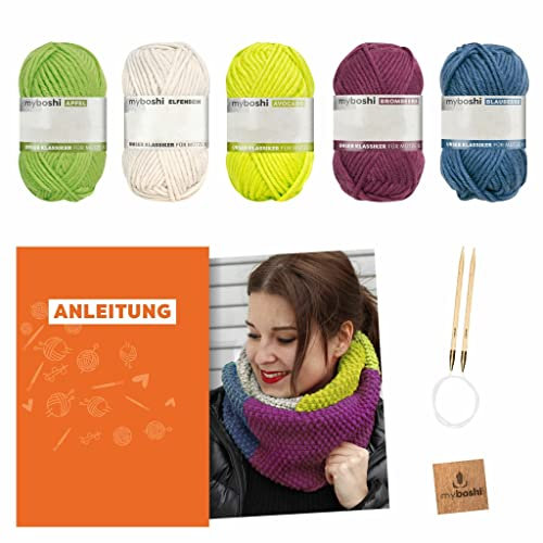 myboshi Strickset Schal New Haven, inkl. No.1 Wolle, Rundstricknadel, Anleitung und Label, Strickpaket für Anfänger, 30% Merinowolle, Grün mit Rundstricknadel