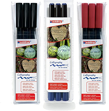 edding 4-1255-3-001 Kalligrafie-Stift, schwarz + rot + blau sortiert | 3 Etuis á 3 verschiedene Kalligrafie Stifte