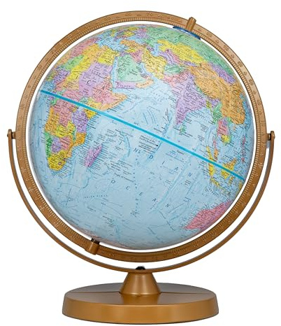 Pioneer 12 Diameter Globe, USA Cartography with Raised Mountain Relief and Sturdy Metal Base. Get a closer look at the world, thanks to the gyro-matic mounting that swings up or down to bring any area into closer view. Vivid colors help to easily distinguish political boundaries. Numbered full-meridian and gyro assembly.