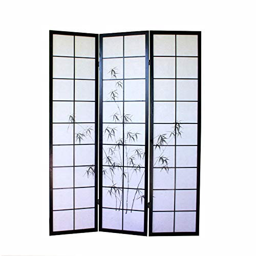 Paravent Japonais en Bois Noir avec Dessin Bambou de 3 pans -PEGANE-