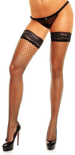 GLAMORY Damen Mesh Halterlose Strümpfe, Schwarz, 4XL Große Größen EU