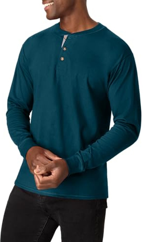 Hanes Beefyt Henley, Men's Cotton Long Sleeve Shirts Chemise, Bleu pétrole, XXL Homme