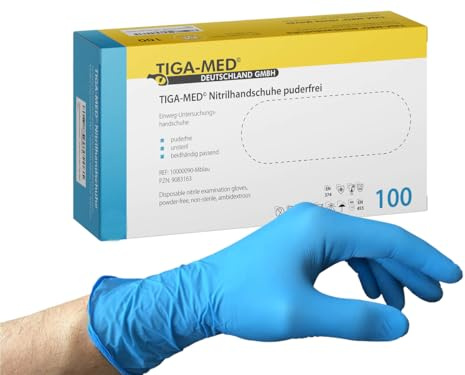 Tiga-Med Nitrilhandschuhe puderfrei – 100 Stück | DIN EN 455 & 374 | AQL 1.5 | Latexfrei, lebensmittelecht | Einmalhandschuhe Schwarz & Blau | Größen S–XL (Blau, Large)