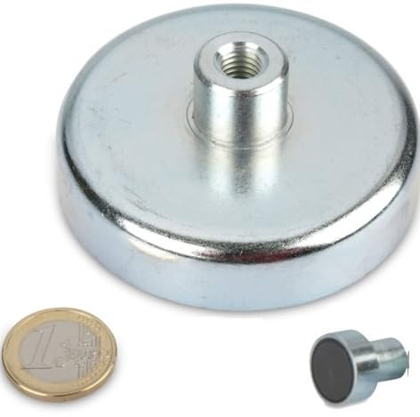 Base magnética con roscado interior - Ø10-125mm - Ferrita dura (HF) Imanes permanentes cerámicos - Imán en recipiente con casquillo roscado - Sistemas magnéticos - Fuerza de sujeción: hasta 130kg, Grandezas:Ø 80mm | M6 | 60kg fuerza