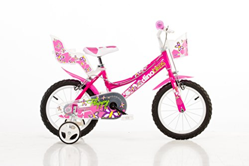 Dino Bikes Mädchen Kinderfahrrad pink Mädchenfahrrad – 14 Zoll | TÜV geprüft | Original | Kinderrad mit Stützrädern - Das Fahrrad als Geschenk für Mädchen
