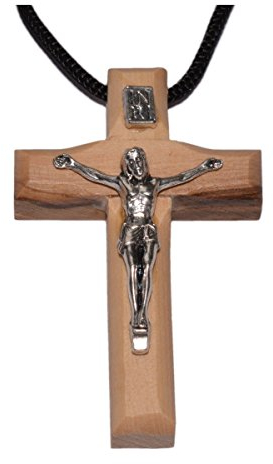 Junker Kirchenbedarf Crucifix Pendentif Croix en Bois d'olivier sur Cordon fabriqué à Bethléem, 5cm