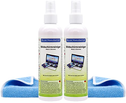 Blum Manufaktur Bildschirmreiniger 2 x 250 ml + 30x30 cm Mikrofasertuch supersoft 365GSM - Screen Cleaner - Display Reiniger