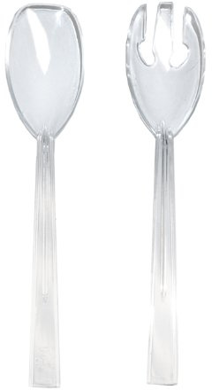 Party Essentials Hard Plastic 9-1/2 Two Piece Serving Utensil Set with Forks/Spoons, Clear, 6 Set-Count