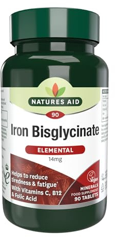 Natures Aid Iron Bisglycinate 14mg – 90 Vegan Tablets - Gentle, Non-Constipating Iron Supplement - Supports Energy, Red Blood Cells & Immunity - High Absorption - Gluten Free